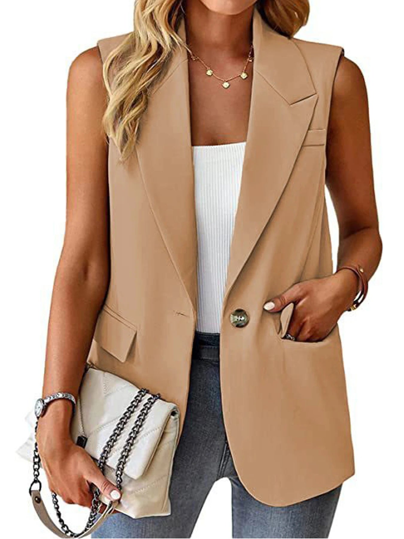 Women's Sleeveless Blazer Vest – Casual Office Slim Fit Waistcoat