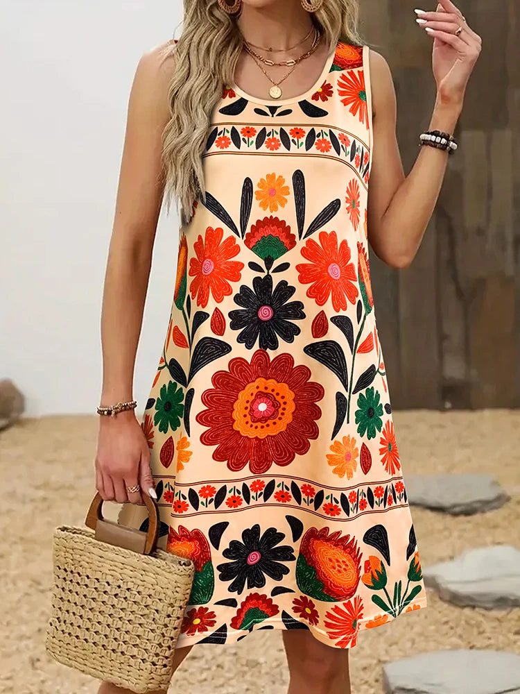 Women’s Sleeveless Boho Floral Dress – Colorful Summer Mini Dress