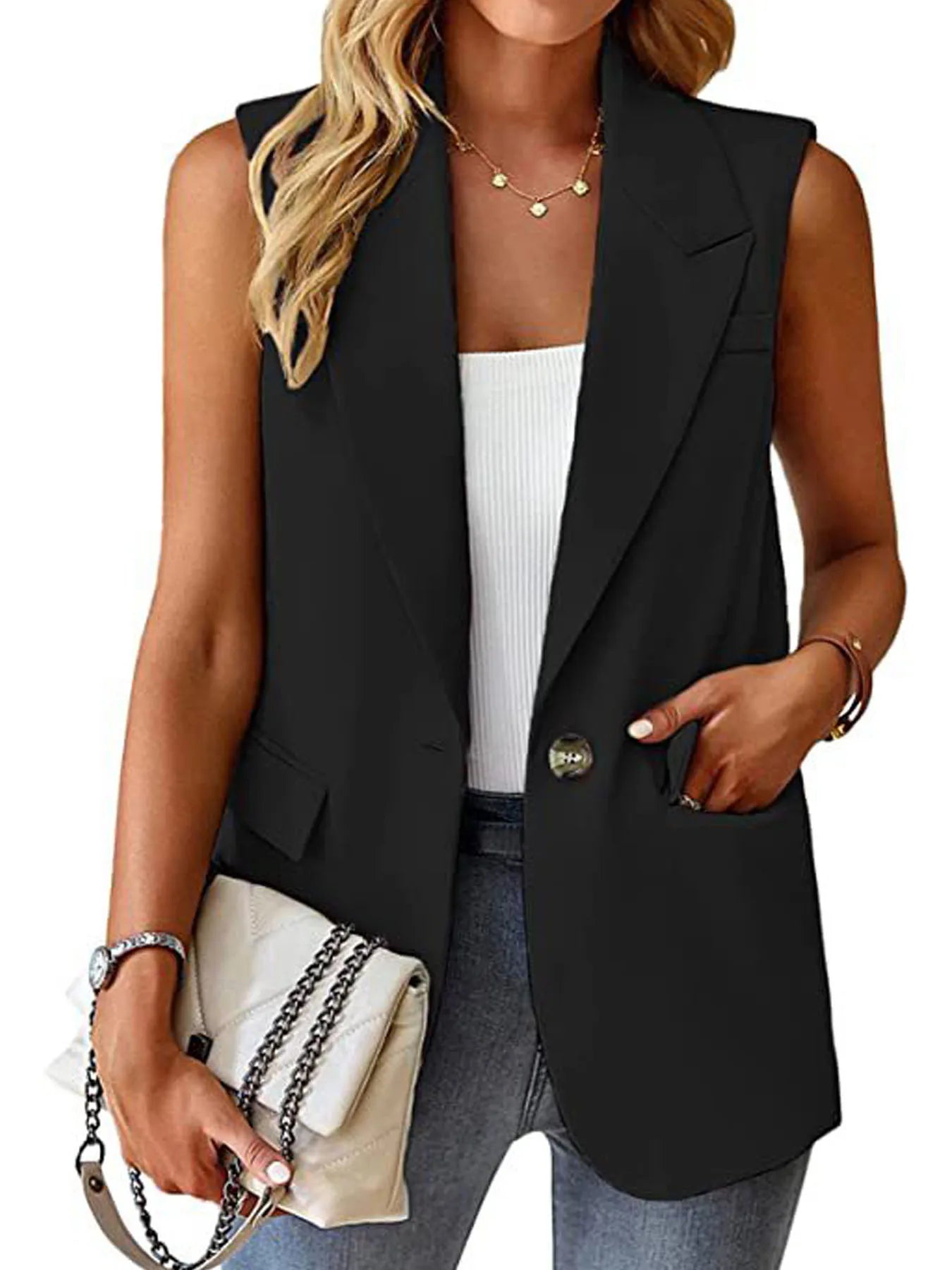 Women's Sleeveless Blazer Vest – Casual Office Slim Fit Waistcoat