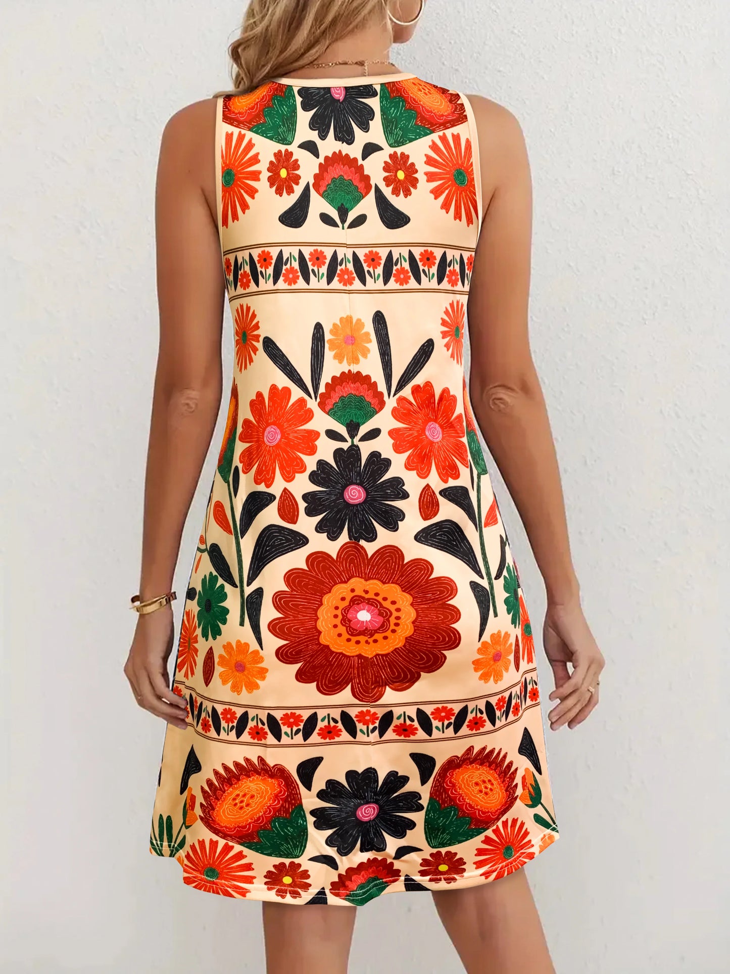 Women’s Sleeveless Boho Floral Dress – Colorful Summer Mini Dress