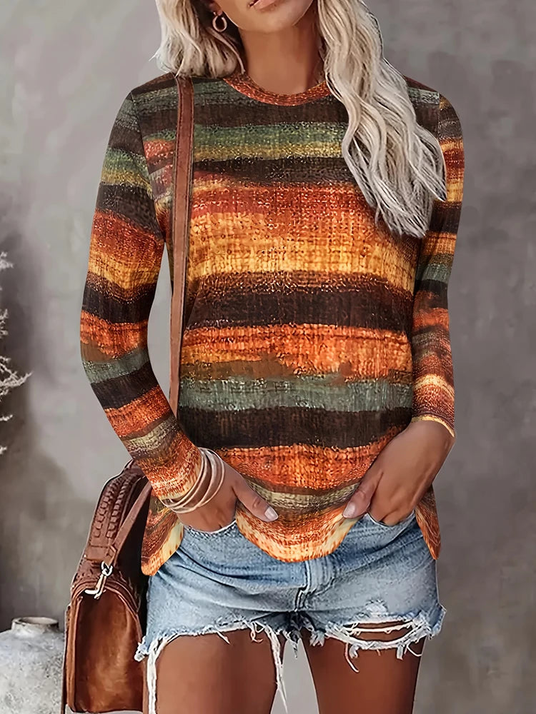 Women’s Long-Sleeve Striped T-Shirt – Autumn Casual Knit Top