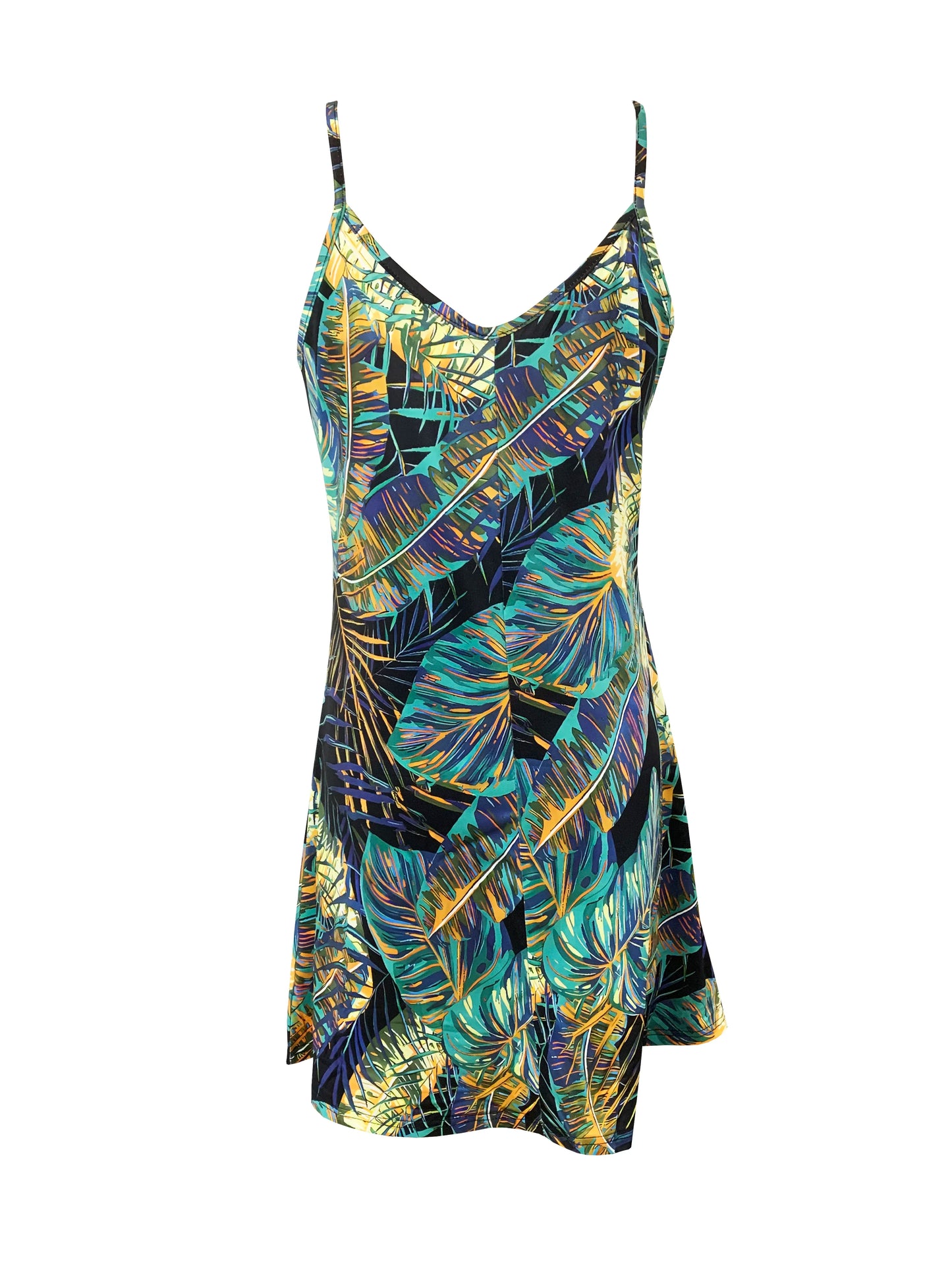 Women’s Tropical Print Summer Dress – V-Neck Spaghetti Strap Sundress