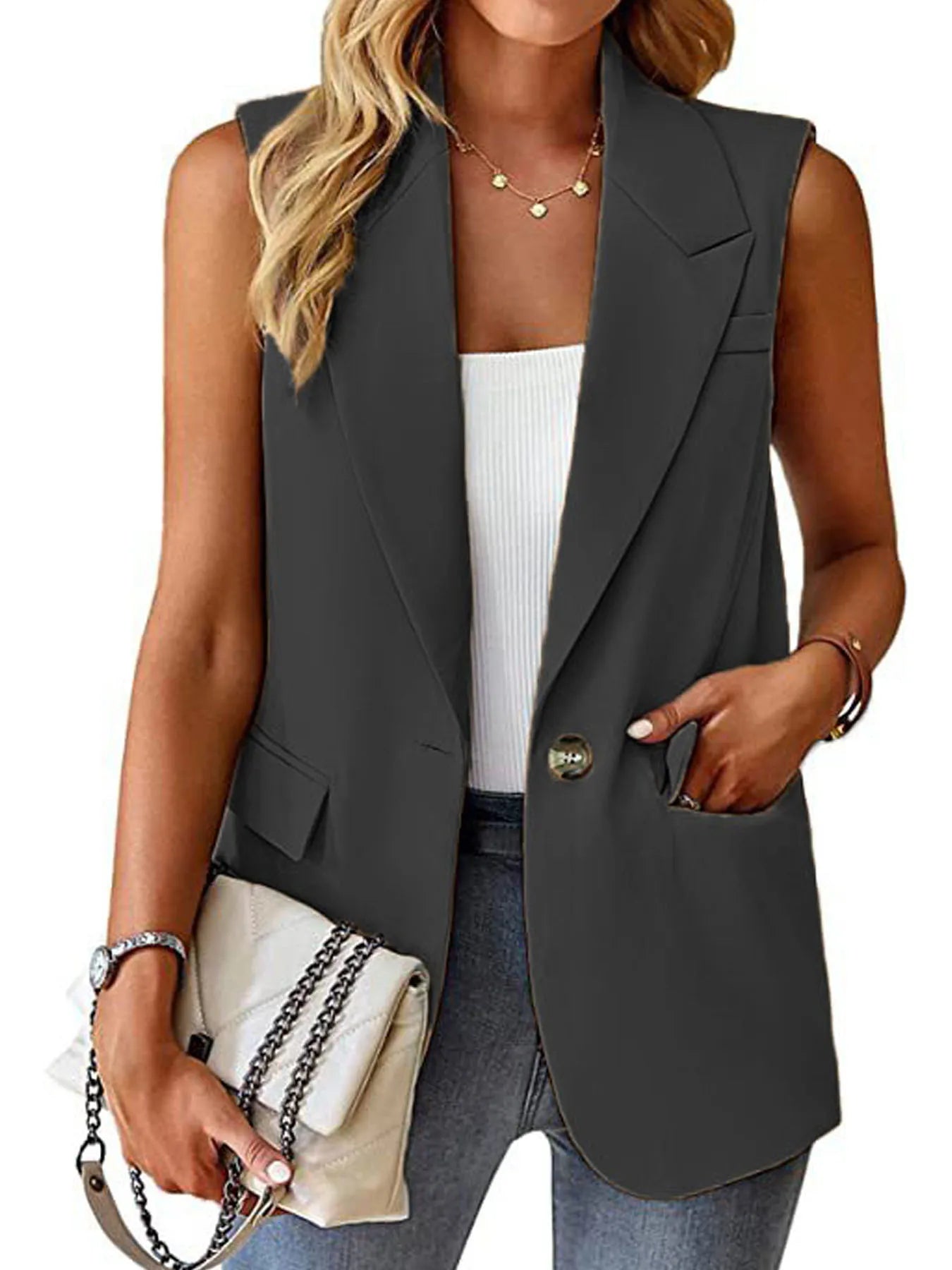 Women's Sleeveless Blazer Vest – Casual Office Slim Fit Waistcoat