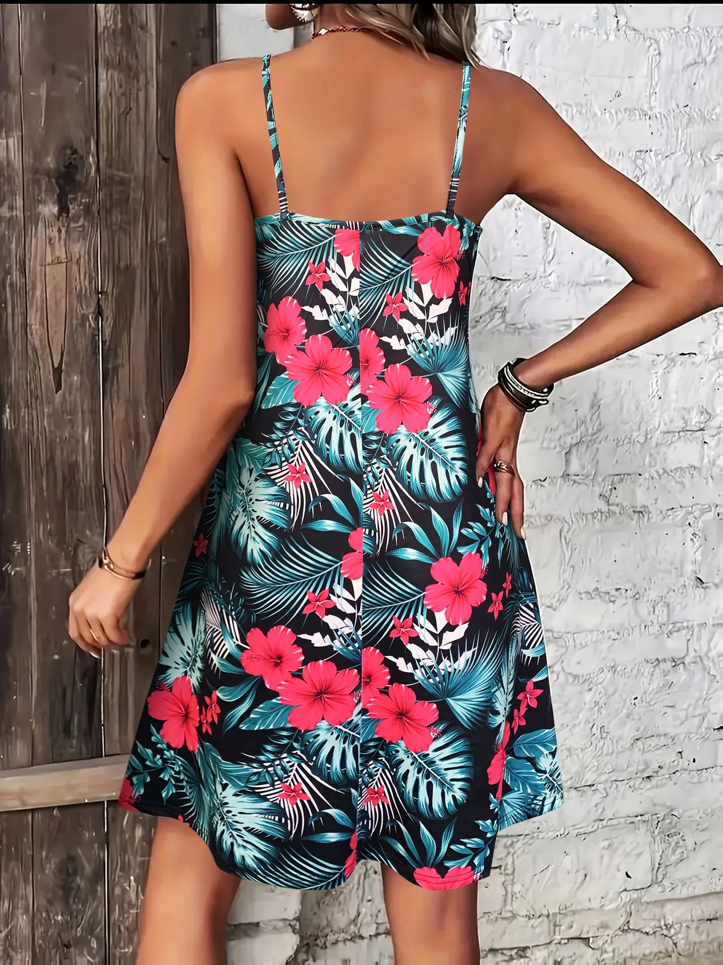 Women’s Summer Vacation Boho Dress – V-Neck Spaghetti Strap Sundress