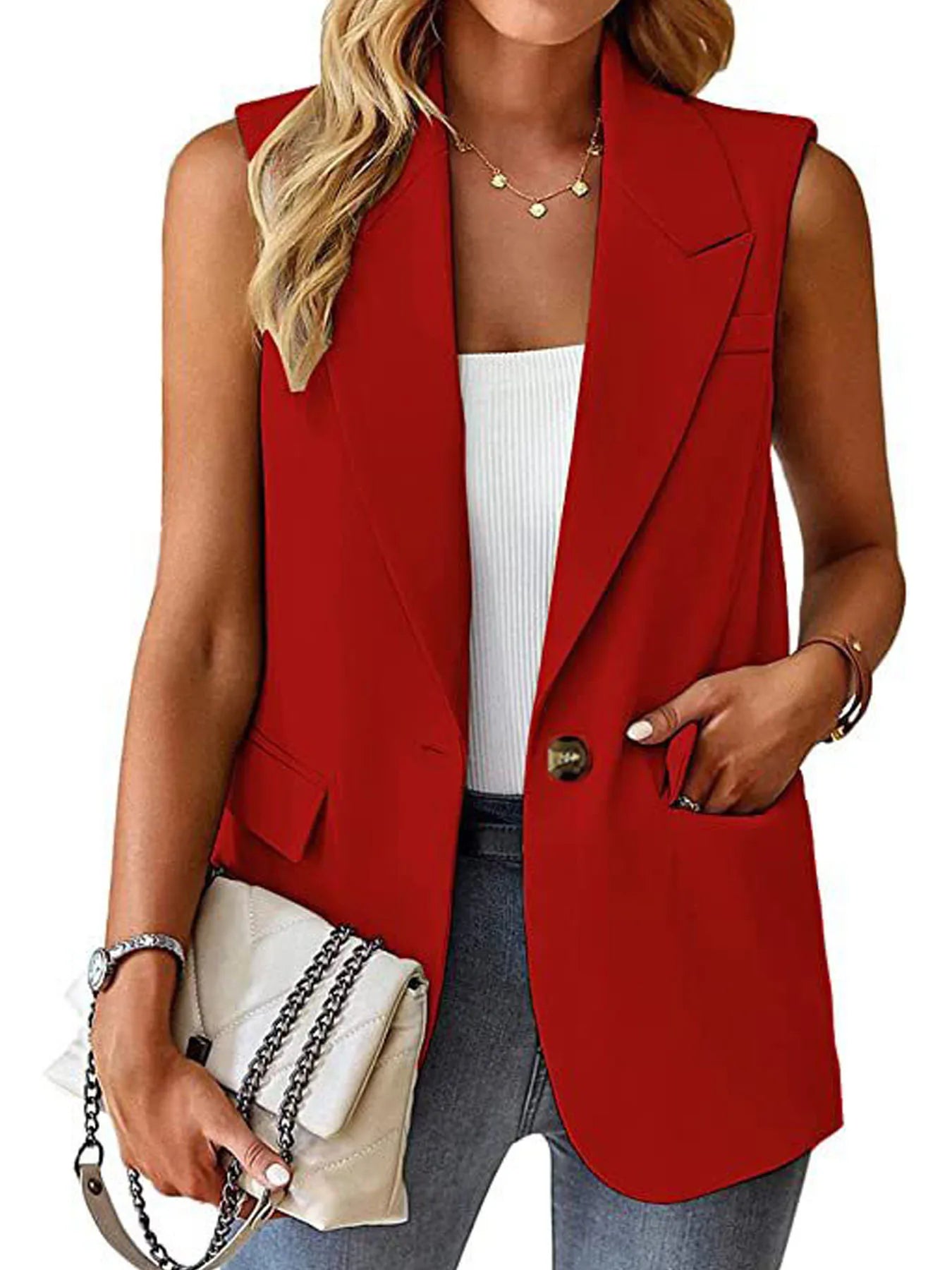 Women's Sleeveless Blazer Vest – Casual Office Slim Fit Waistcoat