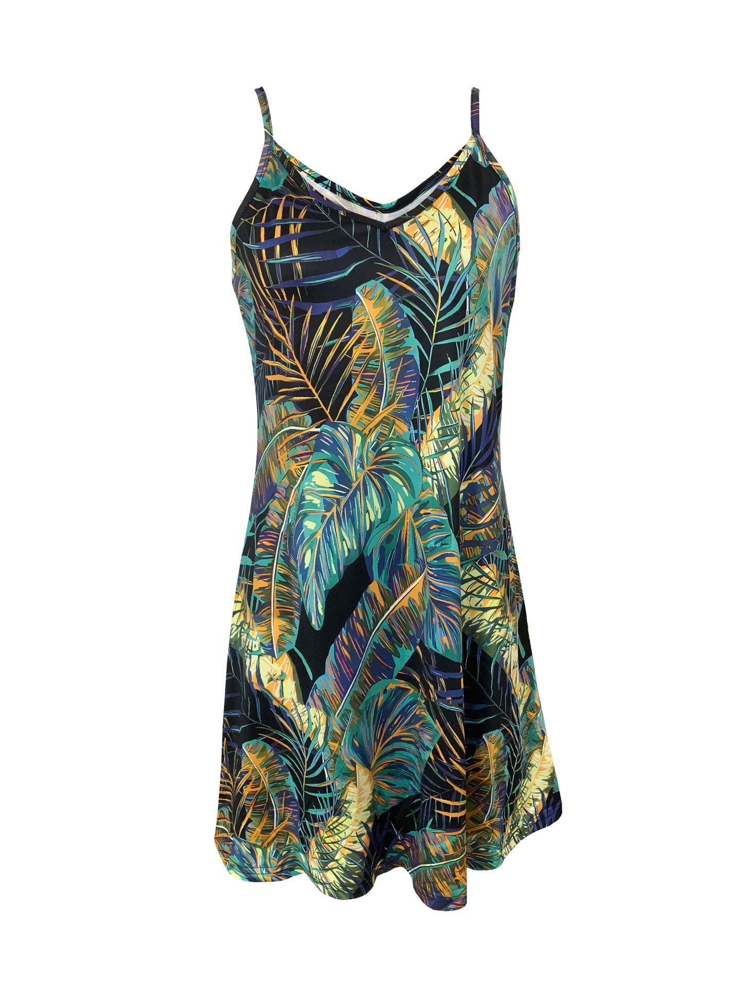 Women’s Tropical Print Summer Dress – V-Neck Spaghetti Strap Sundress
