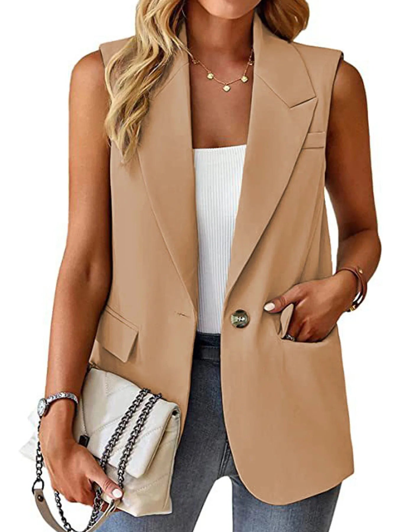 Women's Sleeveless Blazer Vest – Casual Office Slim Fit Waistcoat