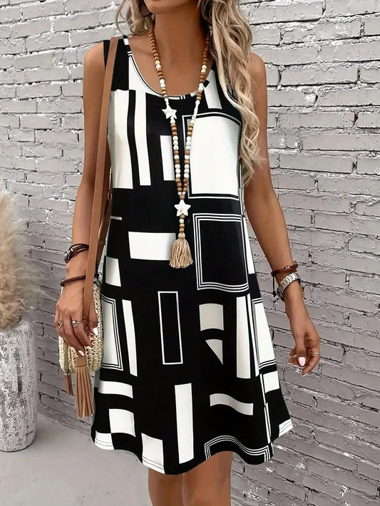 Geometric Pattern Sleeveless Dress for Women – Summer Clothes