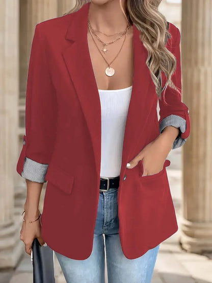 Women’s Slim-Fit Button-Up Blazer – Casual Rolled Sleeve Jacket