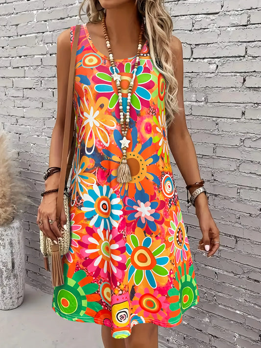 Women’s Vibrant Floral Print Sleeveless Dress – Spring/Summer Vacation Style