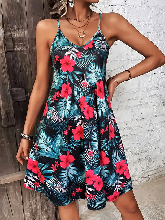 Women’s Summer Vacation Boho Dress – V-Neck Spaghetti Strap Sundress
