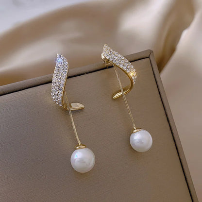 Classic Elegant Imitation Pearl Dangle Earrings – Crystal Long Tassel Drop Design