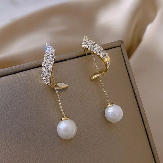 Classic Elegant Imitation Pearl Dangle Earrings – Crystal Long Tassel Drop Design