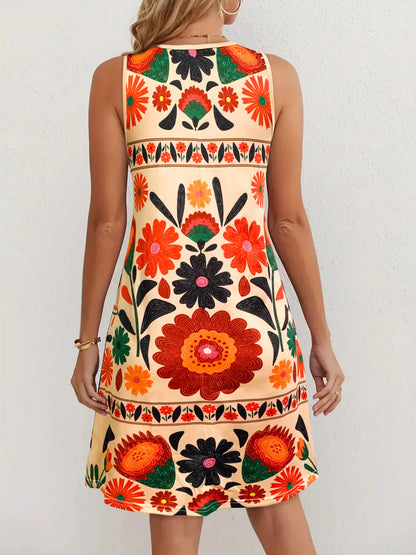 Women’s Sleeveless Boho Floral Dress – Colorful Summer Mini Dress