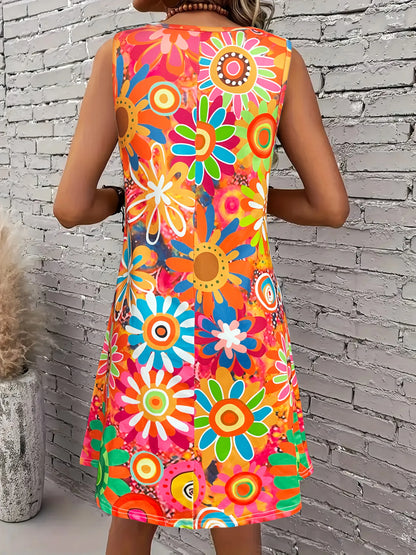 Women’s Vibrant Floral Print Sleeveless Dress – Spring/Summer Vacation Style