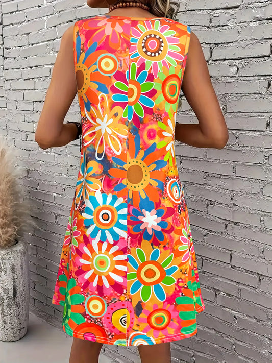 Women’s Vibrant Floral Print Sleeveless Dress – Spring/Summer Vacation Style