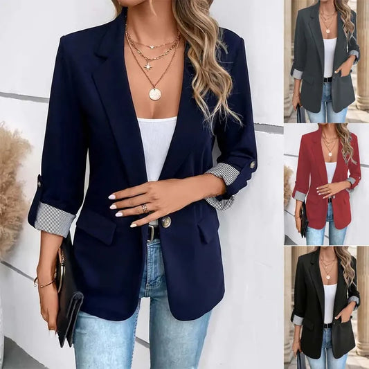 Women’s Slim-Fit Button-Up Blazer – Casual Rolled Sleeve Jacket