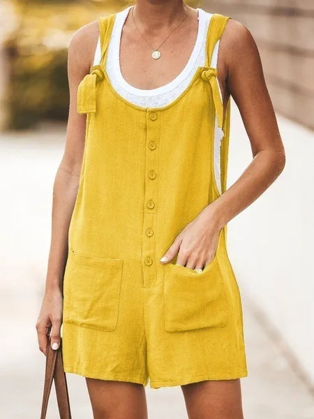 Women's Summer Strap Pants – Solid Color Cotton & Hemp Patch Pocket