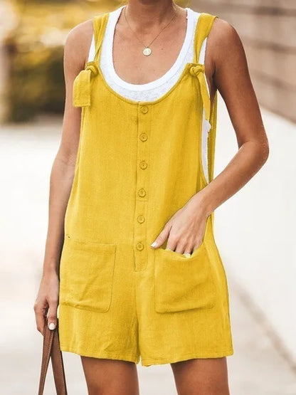 Women's Summer Strap Pants – Solid Color Cotton & Hemp Patch Pocket