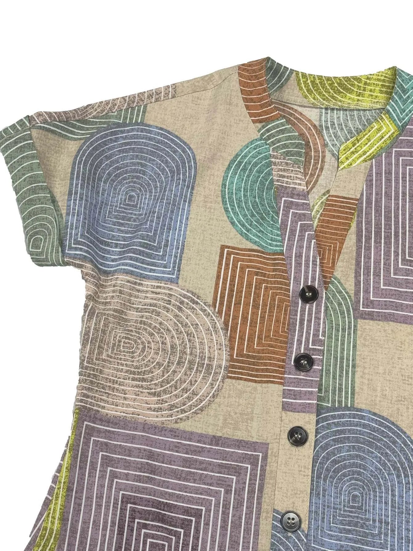Women’s Elegant V-Neck Button-Up Dress – Summer Geometric Print
