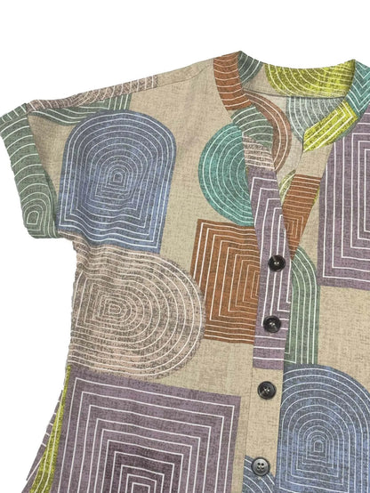 Women’s Elegant V-Neck Button-Up Dress – Summer Geometric Print
