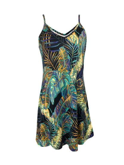 Women’s Tropical Print Summer Dress – V-Neck Spaghetti Strap Sundress