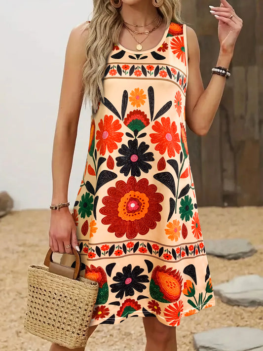 Women’s Sleeveless Boho Floral Dress – Colorful Summer Mini Dress