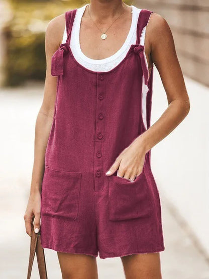 Women's Summer Strap Pants – Solid Color Cotton & Hemp Patch Pocket