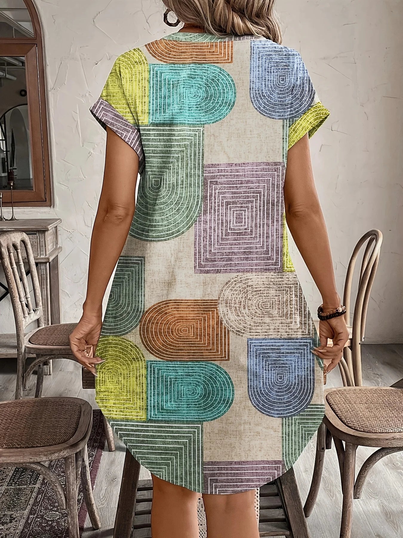 Women’s Elegant V-Neck Button-Up Dress – Summer Geometric Print
