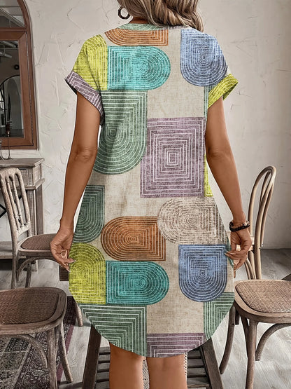 Women’s Elegant V-Neck Button-Up Dress – Summer Geometric Print