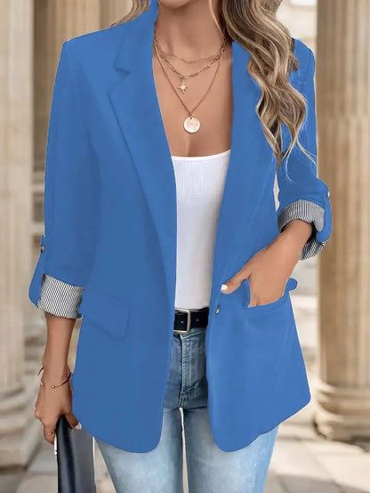 Women’s Slim-Fit Button-Up Blazer – Casual Rolled Sleeve Jacket