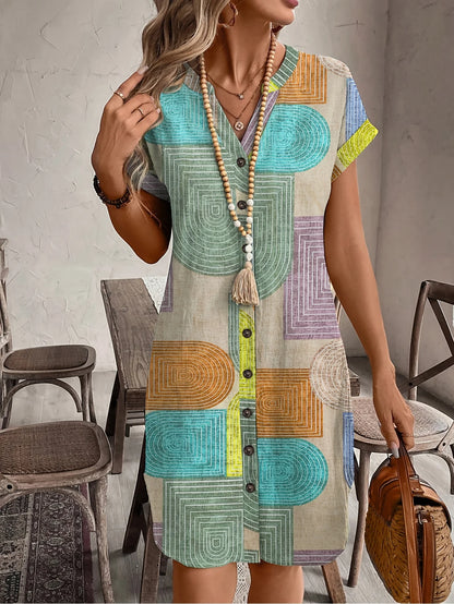 Women’s Elegant V-Neck Button-Up Dress – Summer Geometric Print